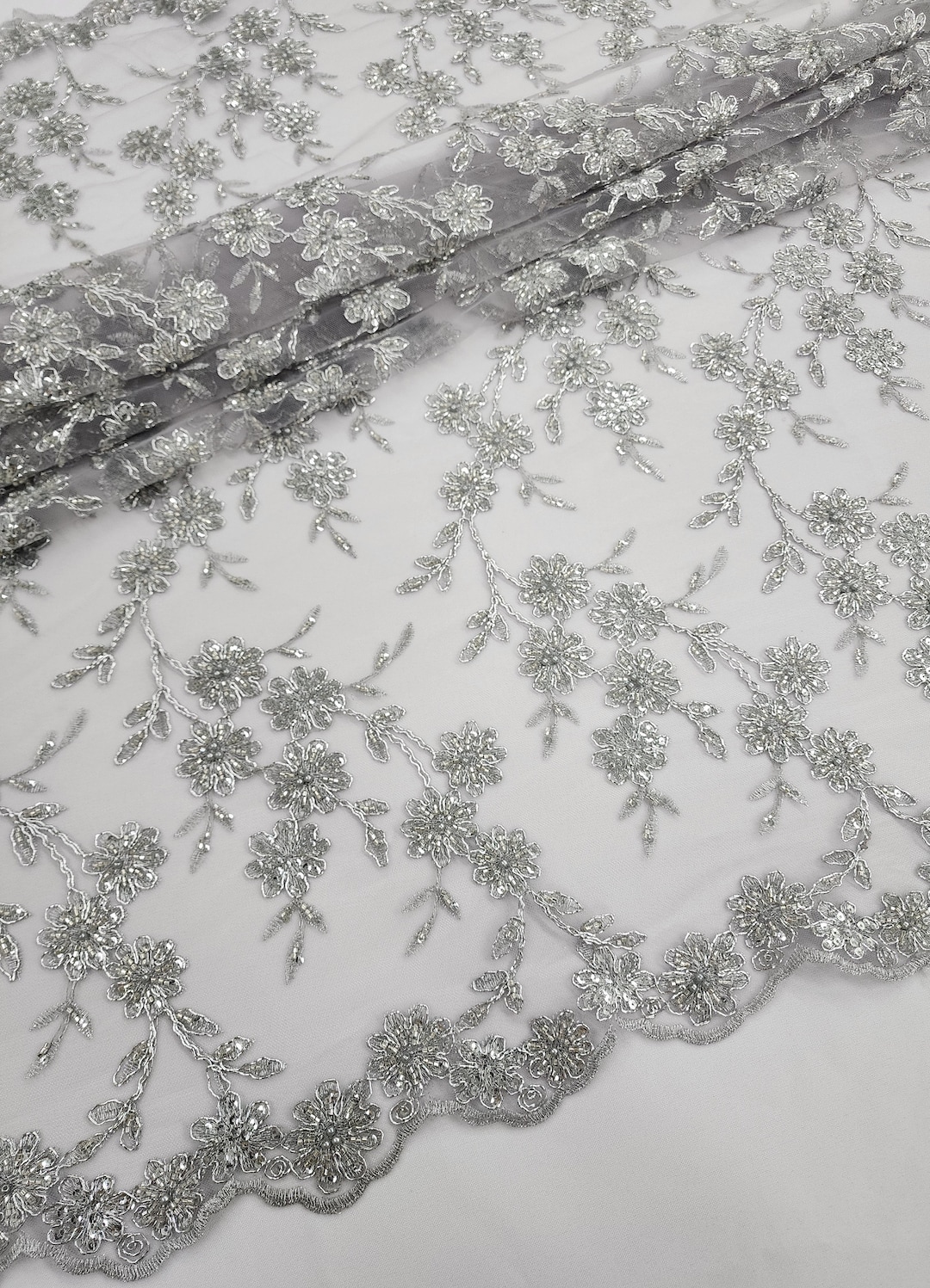 Luxury Beading Silver Embroidery Lace Fabric By the Yard