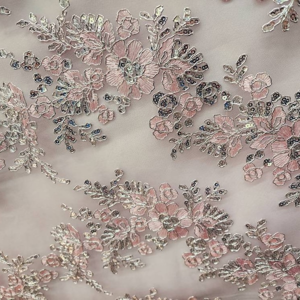 Light Pink Silver Polyester Floral Embroidery with Sequins on Mesh Lace Fabric by the Yard for Gown-Wedding-Bridesmaid-Prom Dress- STYLE 125