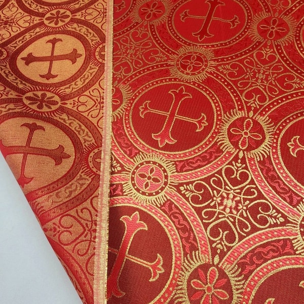Red Gold Religious Brocade - Liturgical Fabric - Ecclesiastical Jacquard - Church - Stole - Vestment - Cross Brocade by the yard STYLE 120