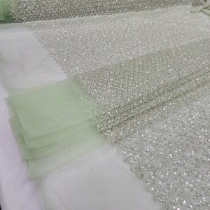 Swiss Ivory Sage Green Fashion Beaded and Sequins on Mesh Lace Fabric By The Yard Bridal Heavy Beaded Diamonds Geometric Handmade STYLE 029