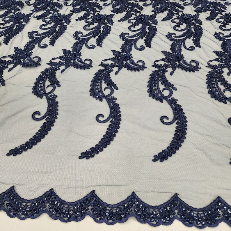 Navy Blue Floral Embroidery With Beads and Sequins on Mesh Lace Fabric ...