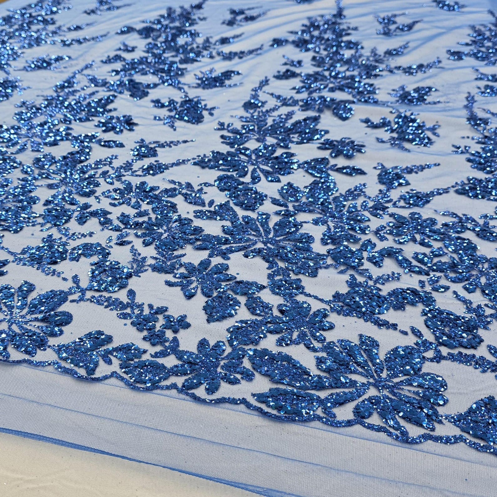 Royal Blue Floral Shiny Glitter Design on Mesh Lace Fabric by the Yard ...
