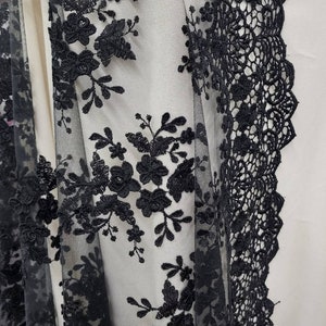 Black Scalloped Lace & Appliqué - Black Embroidery Floral on Mesh Lace Fabric By The Yard For Gown- Wedding- Bridal- Dress- DIY- STYLE 113