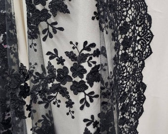 Black Scalloped Lace & Appliqué - Black Embroidery Floral on Mesh Lace Fabric By The Yard For Gown- Wedding- Bridal- Dress- DIY- STYLE 113