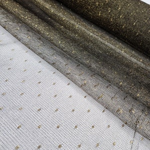 Black Gold Metallic Polka Dots Netting Fabric by the yard- Shimmer- Sparkle- Stretch- Nylon Tulle- Gown- Bridal Dress- Bridesmaid- Style 244