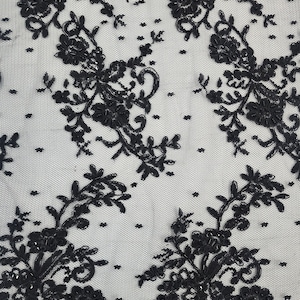 Black Corded Lace Fabric Scalloped Lace with Dots French Lace with Sequins & Pearls Alencon Black Embroidered Lace by the Yard - STYLE 161