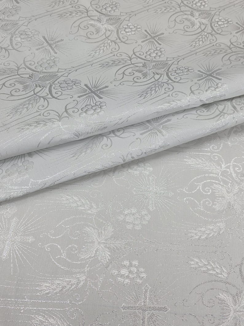 White Silver Liturgical Brocade Religious Fabric Ecclesiastical ...