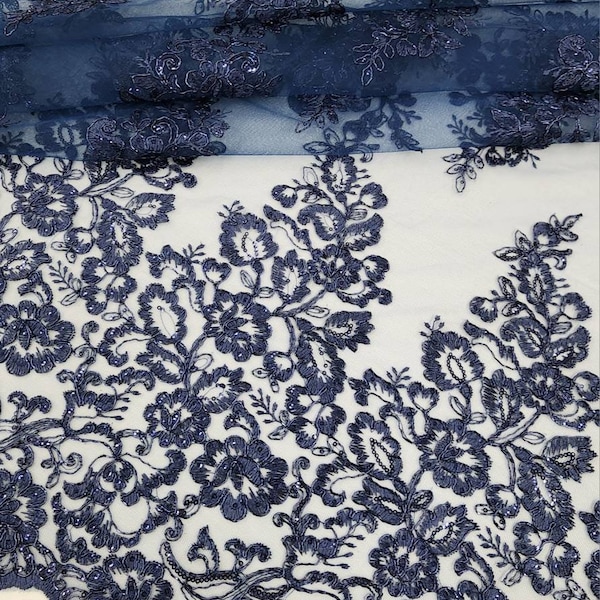 Navy Blue Polyester Floral Embroidery with Sequins on Mesh Lace Fabric by the Yard for Gown- Wedding- Bridesmaid- Prom- Dress- STYLE 252