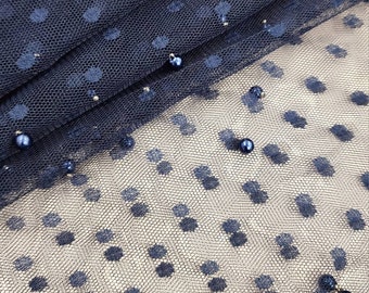 Navy Blue Scattered Pearls Studded Mesh 2-Way Stretch Sheer Dotted Soft Netting tulle fabric with Small Polka Dots By The Yard, STYLE 256