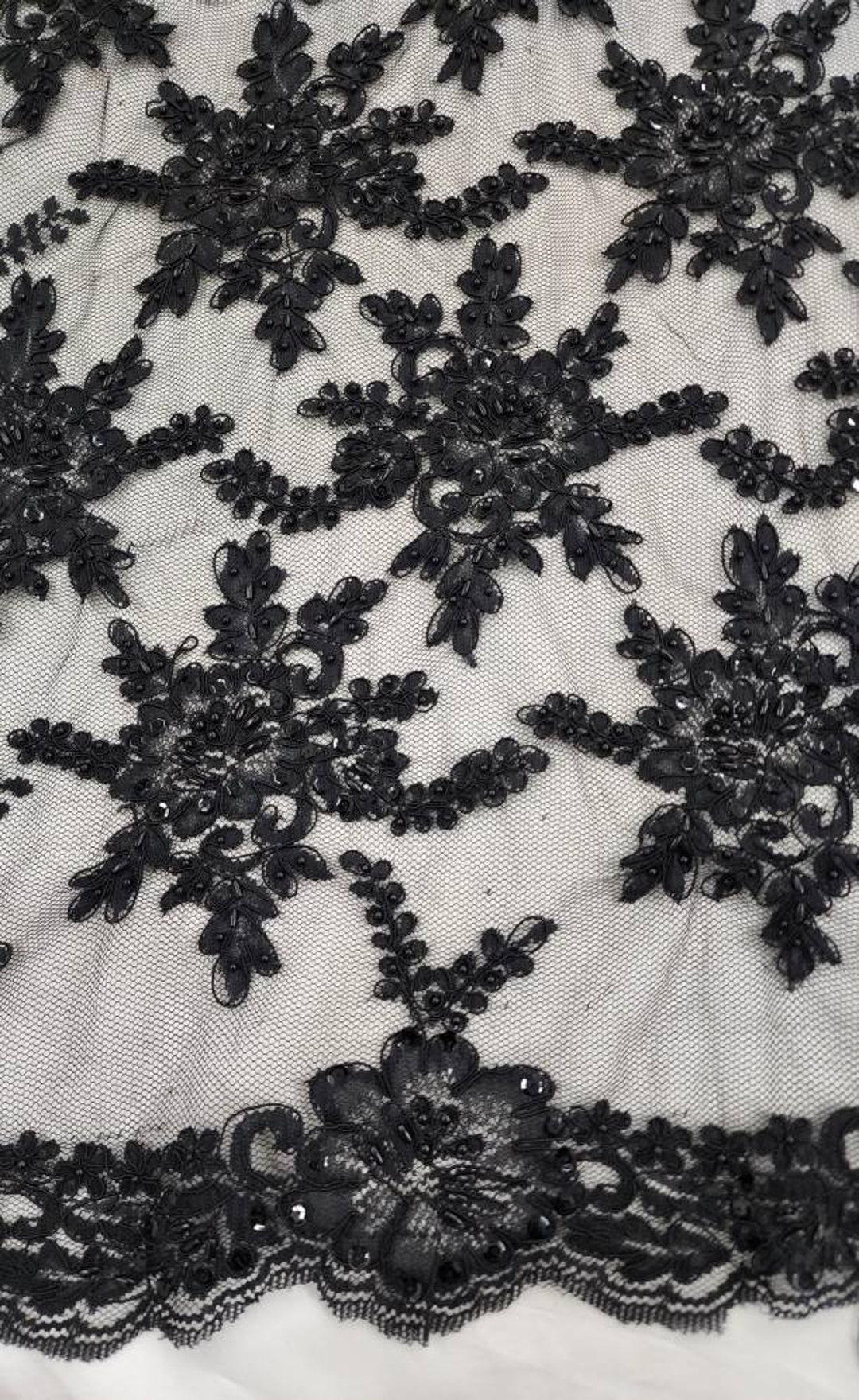 Black Corded Lace Fabric Black Floral French Lace With Sequins & Pearls ...