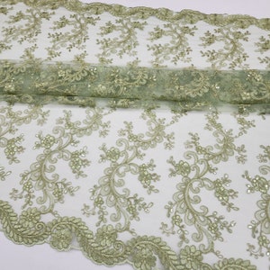 Sage Green Polyester Floral Embroidery with Sequins on Mesh Lace Fabric by the Yard for Gowns, Decor, Garments, Couture, Events, STYLE 203