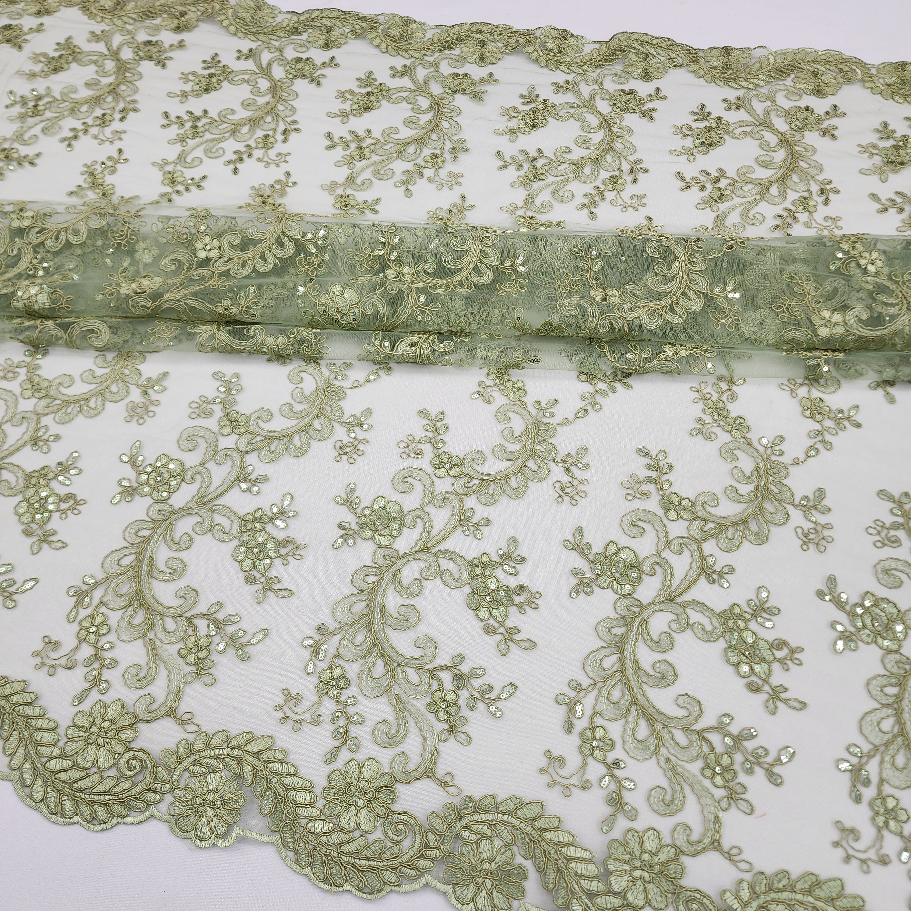 Sage Green Polyester Floral Embroidery with Sequins on Mesh Lace Fabric by the Yard for Gowns, Decor, Garments, Couture, Events, STYLE 203