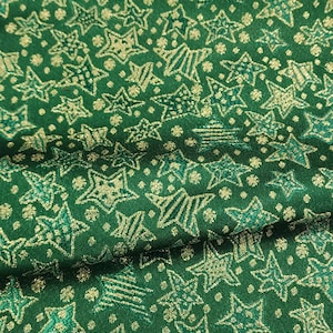 Emerald Green Gold Christmas Stars & Celestial Jacquard Brocade Fabric by the yard for Decor - Liturgical - Crafts - Sewing - STYLE 270