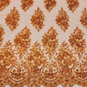 Dark Orange Floral Embroidery with Beads and Sequins on Mesh Lace Fabric by the Yard For Bridal, Bridesmaid, Appliqué, Couture - STYLE 275