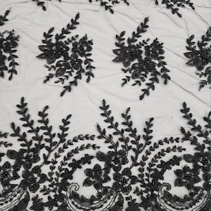 Black Floral Embroidery with Beads and Sequins on Mesh Lace Fabric by the Yard For Bridal Gown - Bridesmaid - Appliqué - Couture - STYLE 236