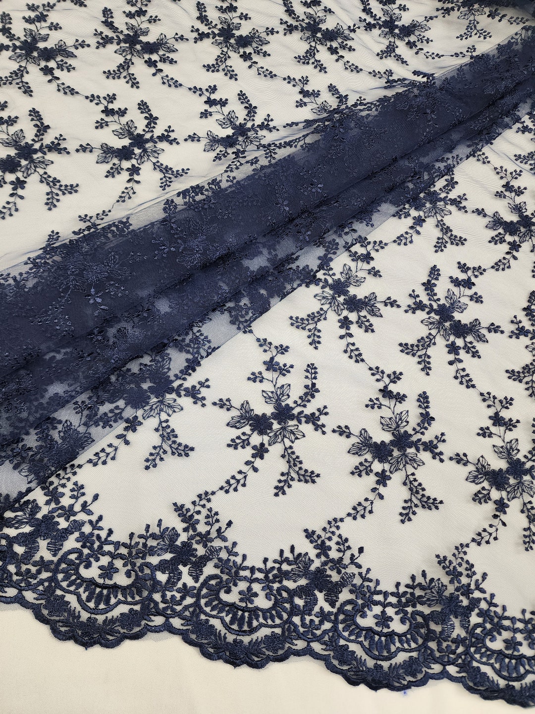 Navy Blue Embroidery Floral on Mesh Lace Fabric by the Yard for Gown ...