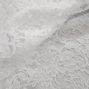 May include: White lace fabric with a delicate floral pattern. The lace is soft and sheer, with a subtle shimmer.