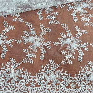 White Silver Embroidery Floral on Mesh Lace Fabric by the yard for Gown - Wedding - Veils & Skirts - Dress - Bridal - Scalloped - STYLE 139