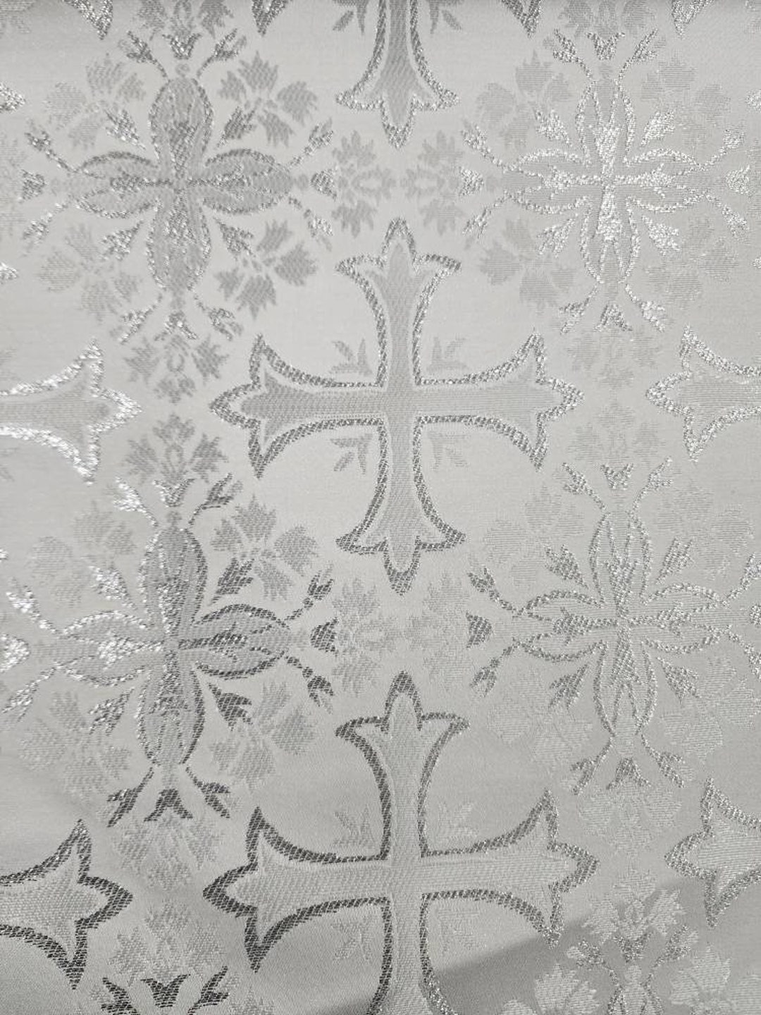 White Silver Religious Brocade Fabric Liturgical Ecclesiastical Church ...