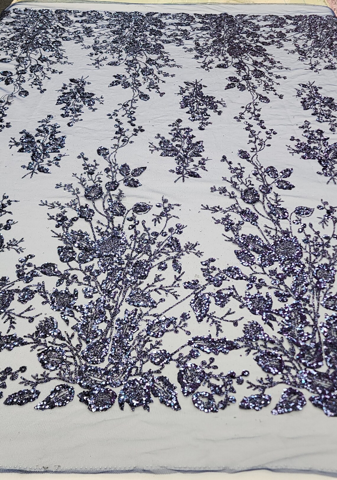 Navy Blue Floral Glitter Sparkle Design on Mesh Lace Fabric by the Yard ...