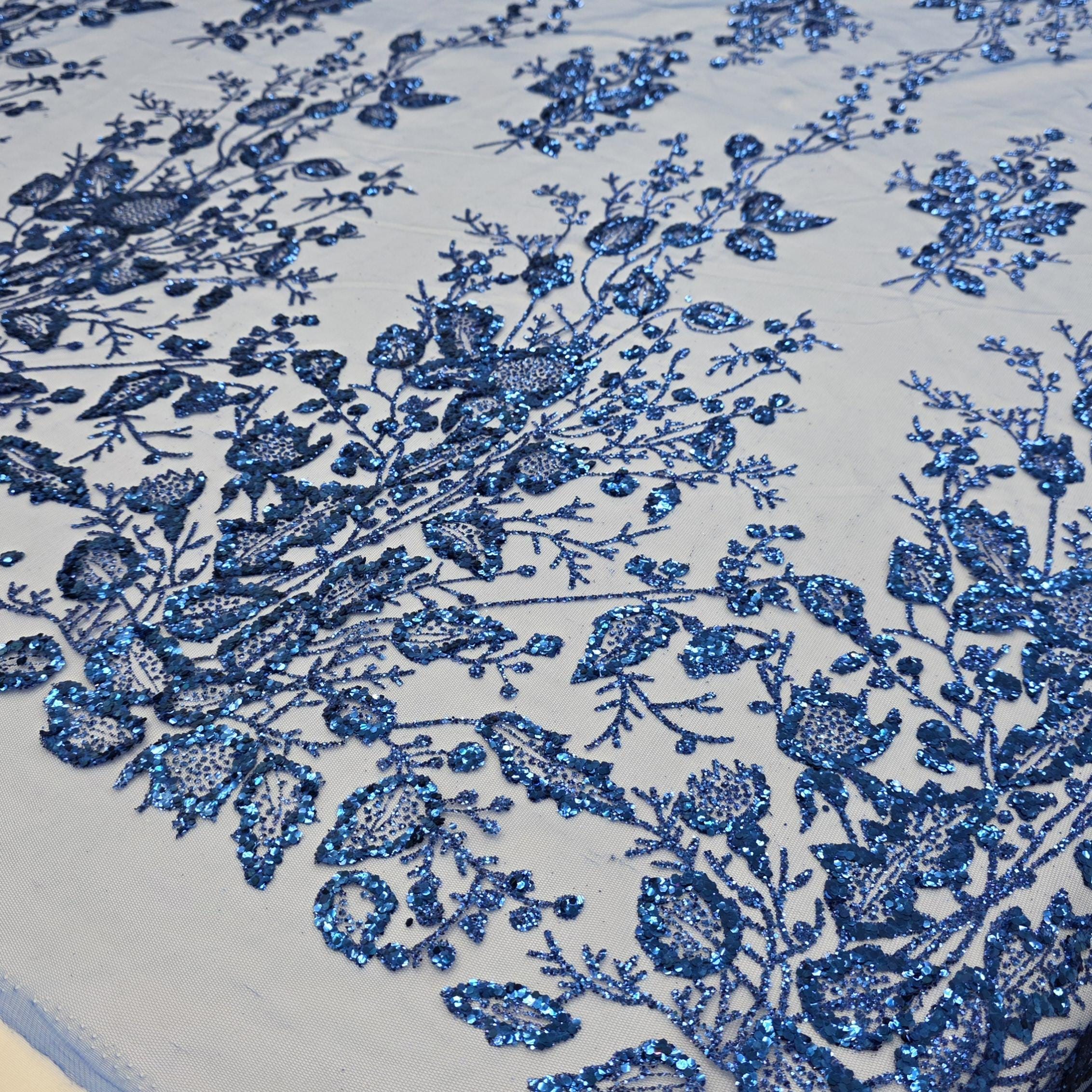 Royal Blue Floral Glitter Sparkle Design on Mesh Lace Fabric by the ...