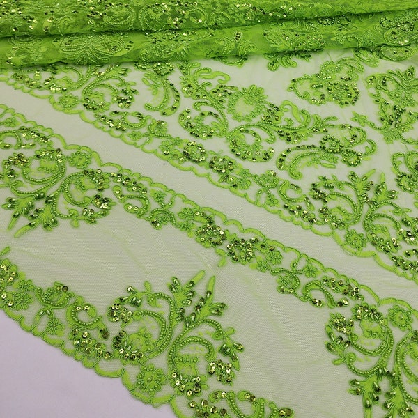 Neon Green Embroidery Floral with Beads and Sequins on Mesh Lace Fabric by the Yard for Gowns - Appliqué - Couture - Trim Lace - STYLE 314