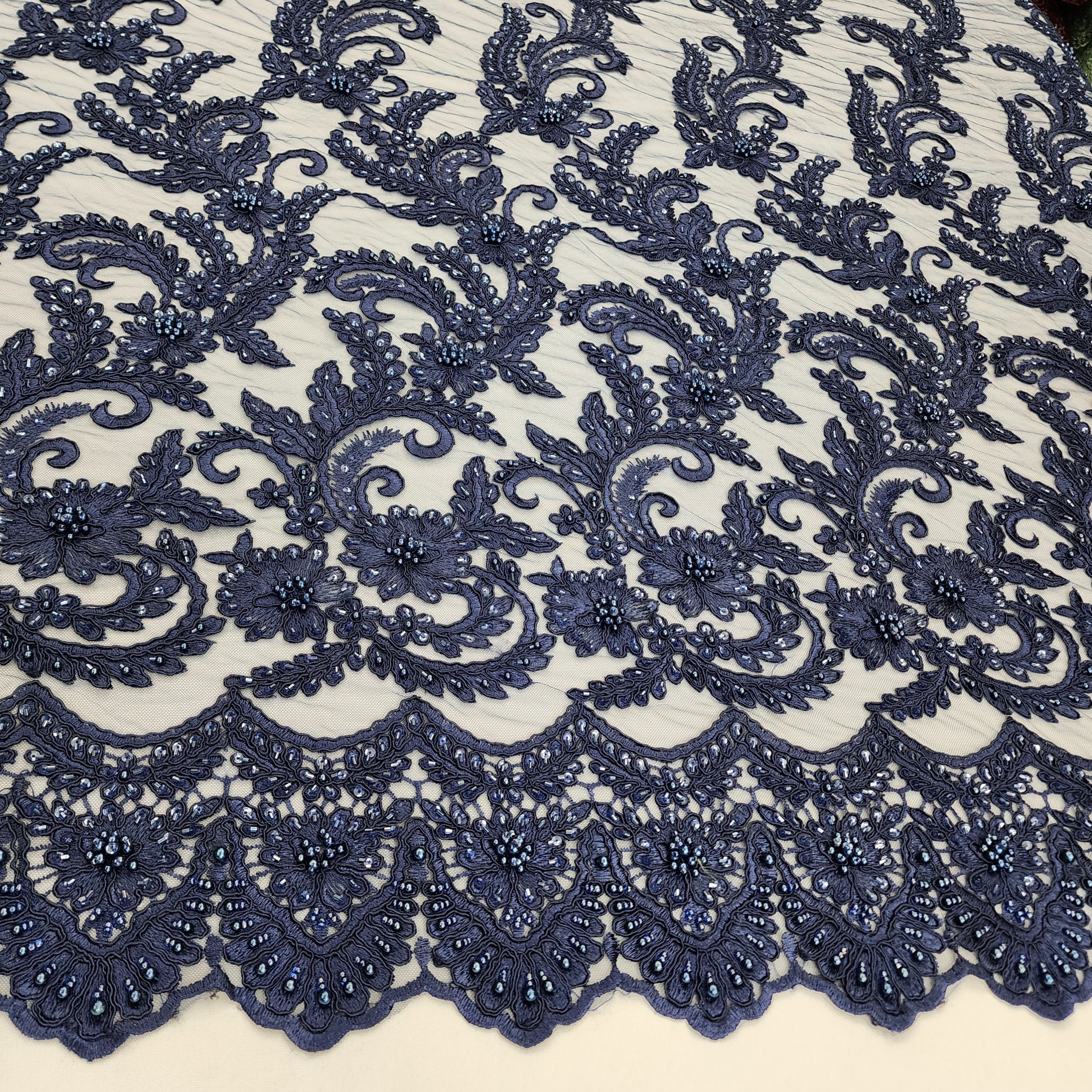 Navy Blue Floral Embroidery With Beads and Sequins on Mesh Lace Fabric ...
