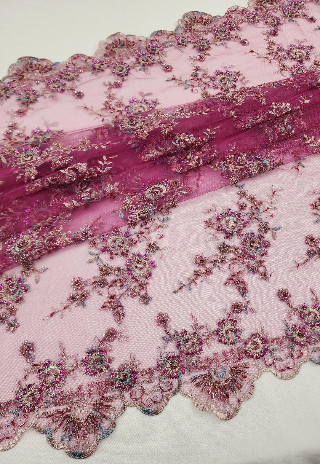 Magenta Sequin Embroidery Ombre Lehanga Set in Ruffled Chinon Crepe