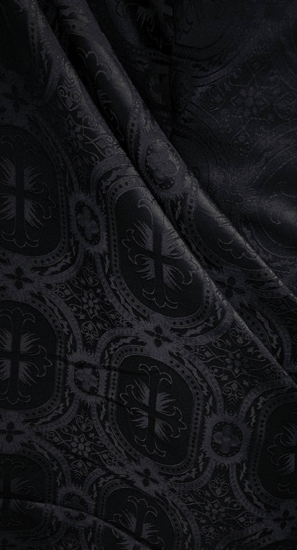 ブラック 典礼用十字架ブロケードジャカード生地（ヤード単位） - 楕円