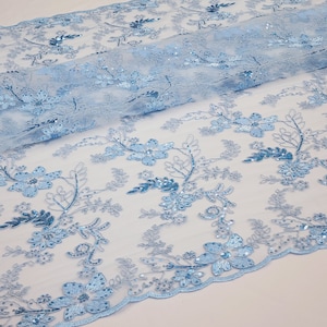 Light Blue Polyester Floral Embroidery with Sequins on Mesh Lace Fabric by the Yard for Gown- Wedding- Bridesmaid- Prom- Dress - STYLE 150