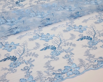 Light Blue Polyester Floral Embroidery with Sequins on Mesh Lace Fabric by the Yard for Gown- Wedding- Bridesmaid- Prom- Dress - STYLE 150