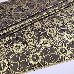 BLACK Gold Religious Brocade - Liturgical Fabric - Ecclesiastical Jacquard - Church - Vestment - Stole - Cross Brocade by the yard STYLE 120