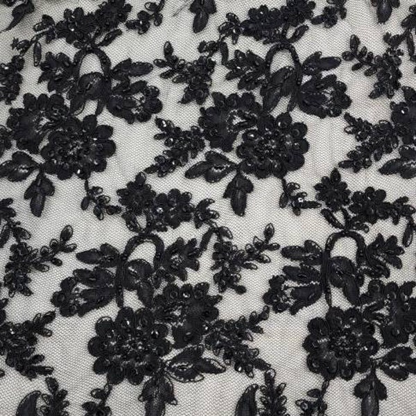 Black Corded Lace Fabric - Black Floral French Lace with Sequins & Pearl - Alencon Embroidered By The Yard For Dress - Couture - Style 190