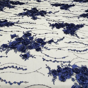 Navy Blue Floral 3D Embroidery With Sequins on Mesh Lace Fabric by the ...