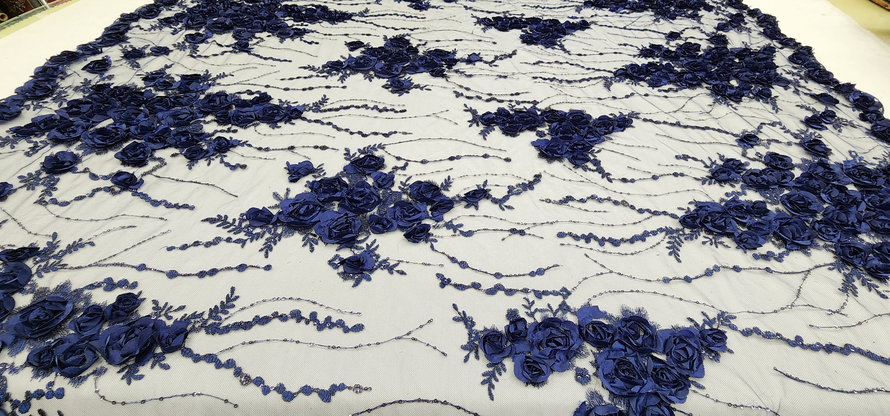 Navy Blue Floral 3D Embroidery With Sequins on Mesh Lace Fabric by the ...