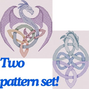 May include: Two digital patterns featuring dragon and Celtic knot designs. The dragon is depicted with intricate details, wings, and a Celtic knot intertwined with its body. The text "Two pattern set!" is in blue.