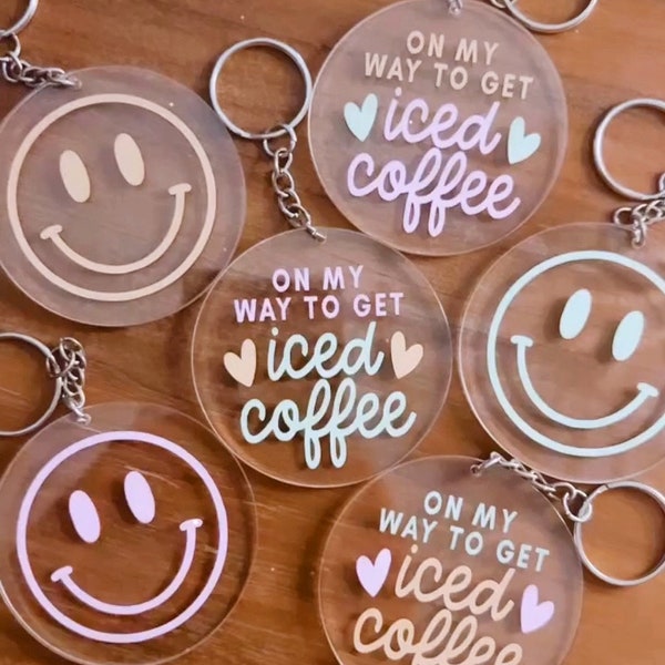 Iced Coffee Circle Keychain. Smiley Face. Acrylic. Vinyl. Pastel. Backpack. Car Accessories. Gift for Her.