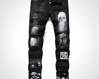 Man Jeans Black Skulls Stars Printed Denim Jeans. Slim Straight Fit Fringe Cut. Street Wear, Punk Jeans, Dark Soul, Urban Style, Emo, Goth.