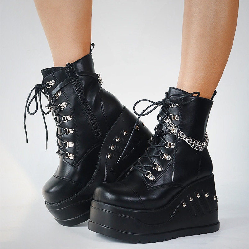 Woman's Lace up Platform Boots With Wedge Sole Rivets and - Etsy UK