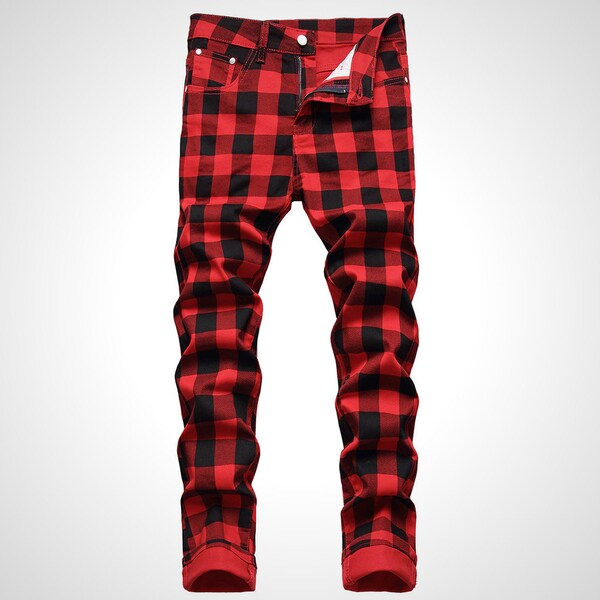 Red Punk Jeans with Printed Black Chequered Pattern Stretchy Slim Straight Fit. Street Wear, Skater, Urban Fashion, Rebel Style.