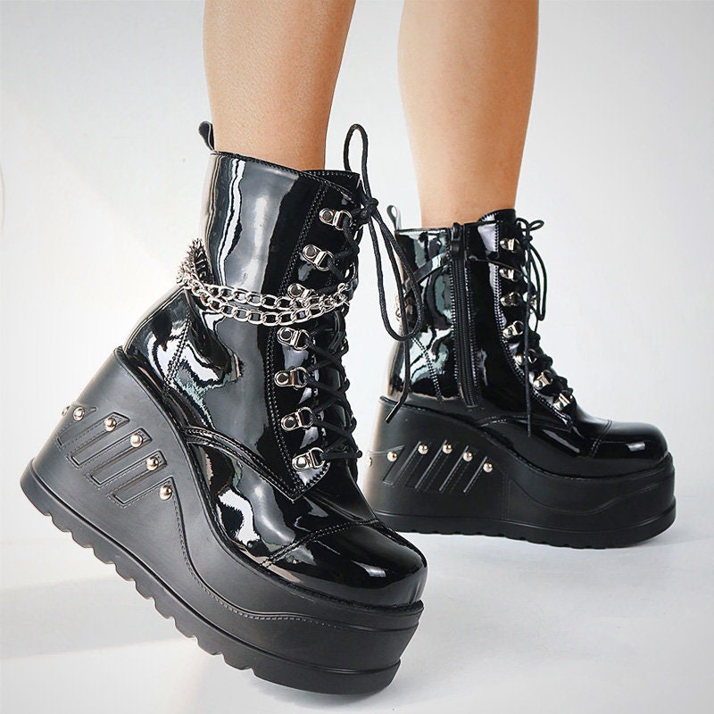 Woman's Lace up Platform Boots With Wedge Sole Rivets and - Etsy UK