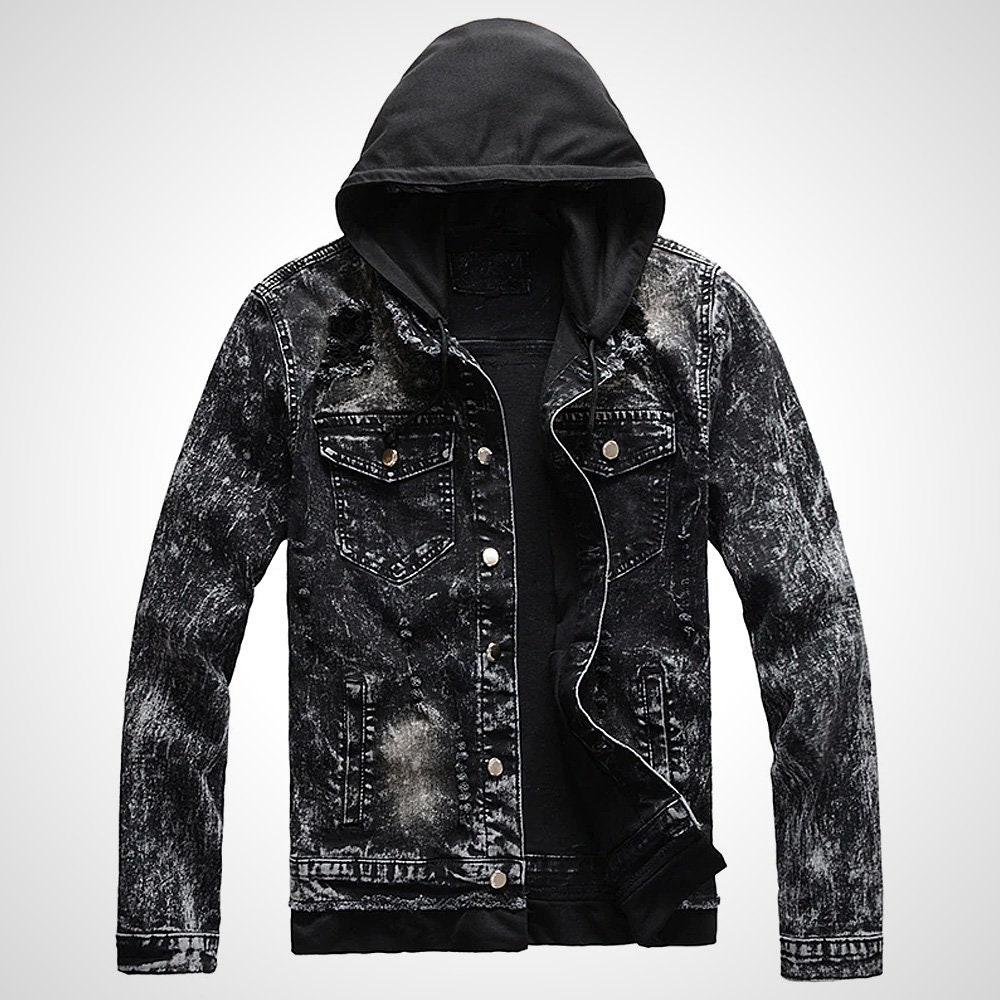 Men's Black Denim Jacket with Black Hood and Patchwork Etsy