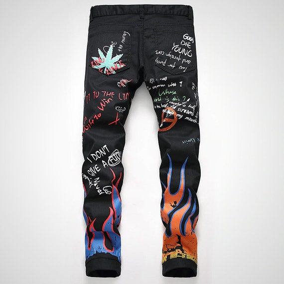 Man Jeans Black Flaming Statement Denim Jeans With Painted Motif. Street  Wear, Punk Jeans, Skater, Urban Style. 
