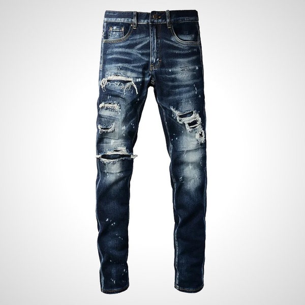 Subverter Rock band Stretch Denim Jeans. Dark Blue Fade, Patchwork, Rips, Paint drops Decoration, Slim Fit, Street Wear.