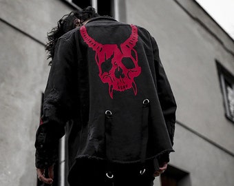 Black Denim Shirt with Red Demon or Cobra Digital Print on Reverse. Barbed Wire Sleeves with Metal Hoops. Goth, Punk, Emo, Rock.