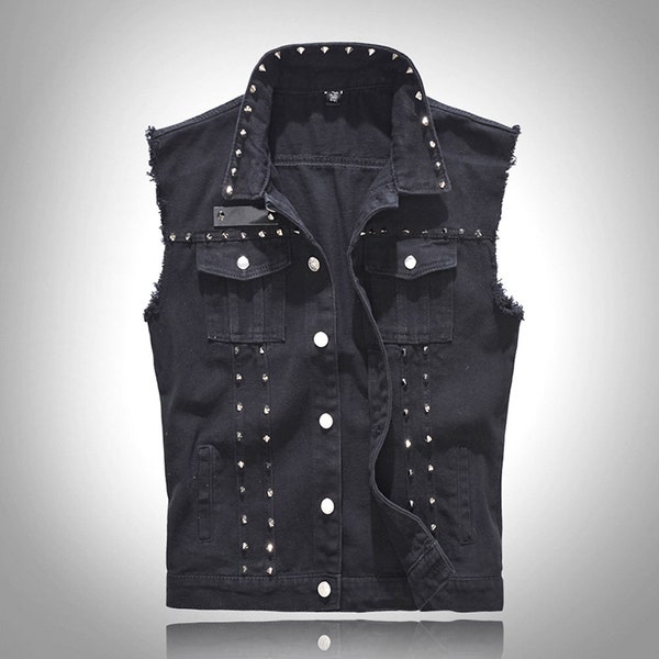 Lightweight Black Denim Studded Sleeveless Tank Top. Street Wear, Punk, Urban Style, Emo, Skater, Surfer, Biker, Rocker.