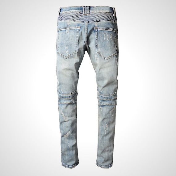 Men's Vintage Light Blue Jeans Ripped, Holed and Torn. Slim Fit Stretch  Denim. 