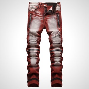 Men's Red Plaid Tartan Patchwork Punk Jeans. Slim Straight Fit 