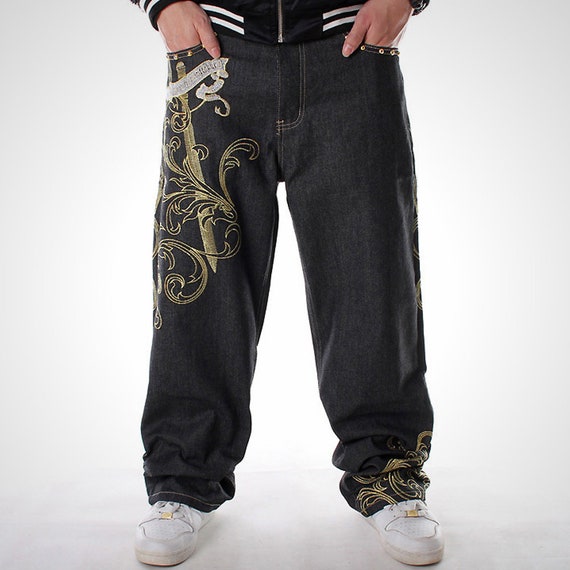 Men's Gangland Hip Hop Skater Jeans Wings Embroidery Loose