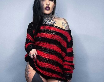 Lightweight Stripy Goth Punk Pullover, Wide Neck, One Size. Available in Three Colours.